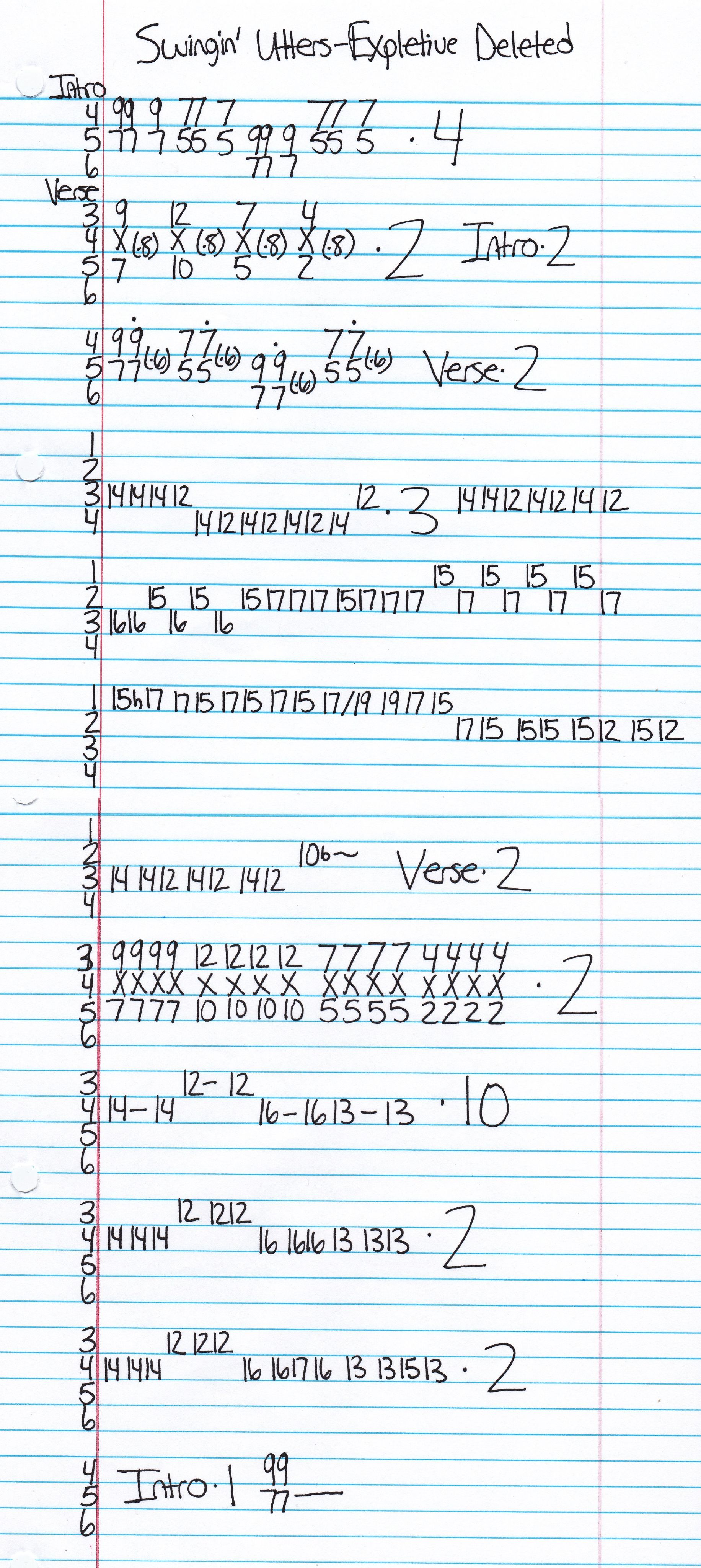 High quality guitar tab for Expletive Deleted by Swingin' Utters off of the album The Streets Of San Francisco. ***Complete and accurate guitar tab!***